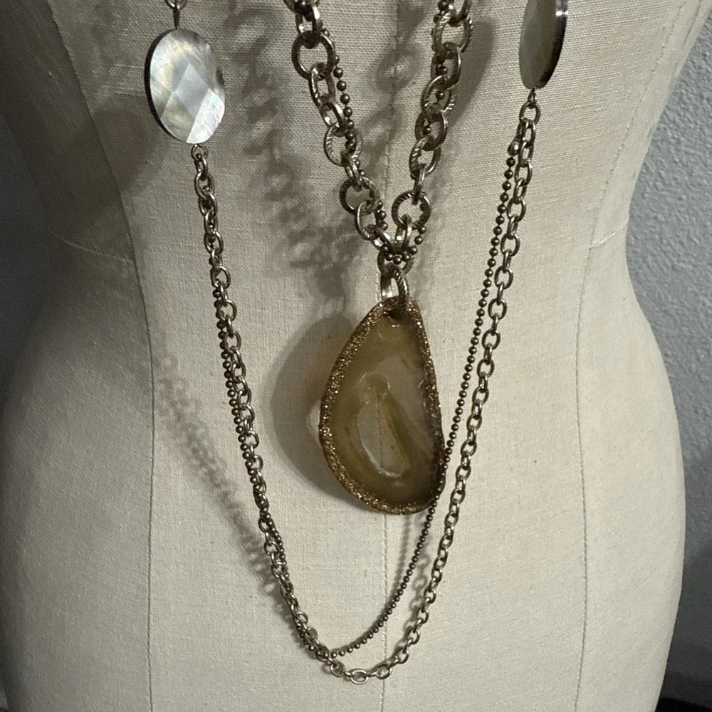 Chicos‎ Large Agate Sliced Stone Necklace Layered Long Vintage
